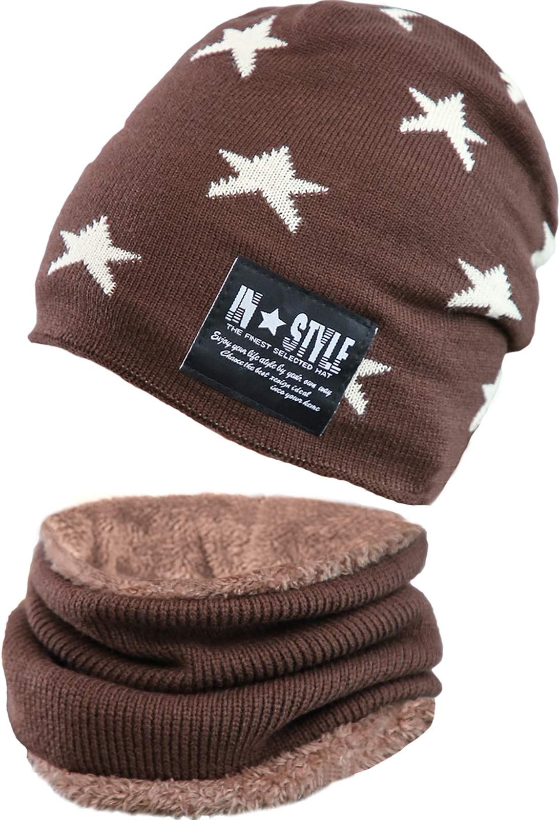 T WILKER 2Pcs Kids Winter Knitted Hats+Scarf Set Warm Fleece Lining Cap for 5-14 Year Old Boys Girls (B-Coffee)