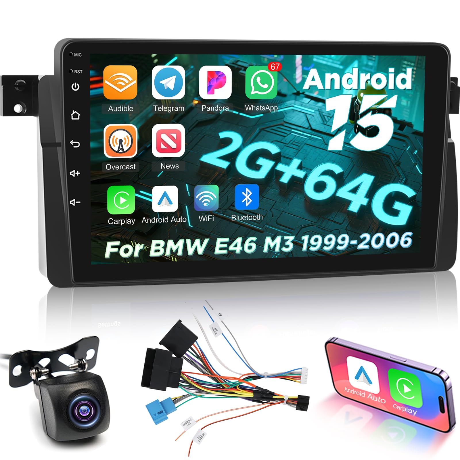 Photo 1 of 2+64G Wireless Carplay Android Car Stereo for BMW E46 M3 1999-2006 - 9 Inch Android Auto Touchscreen Radio with WiFi/EQ/GPS + AHD Rear View Camera