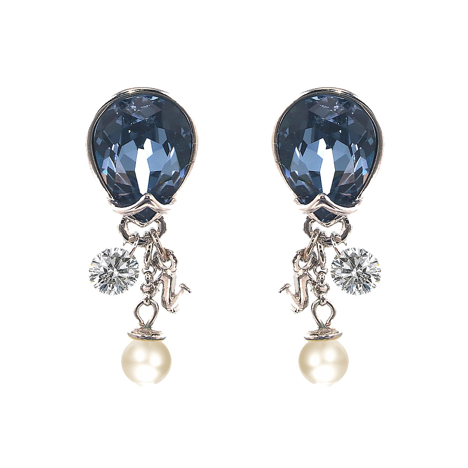 BiBeary Women Austrian Crystal Simulated Pearl Fashion Dangle Pierced Earrings sapphire silver-tone