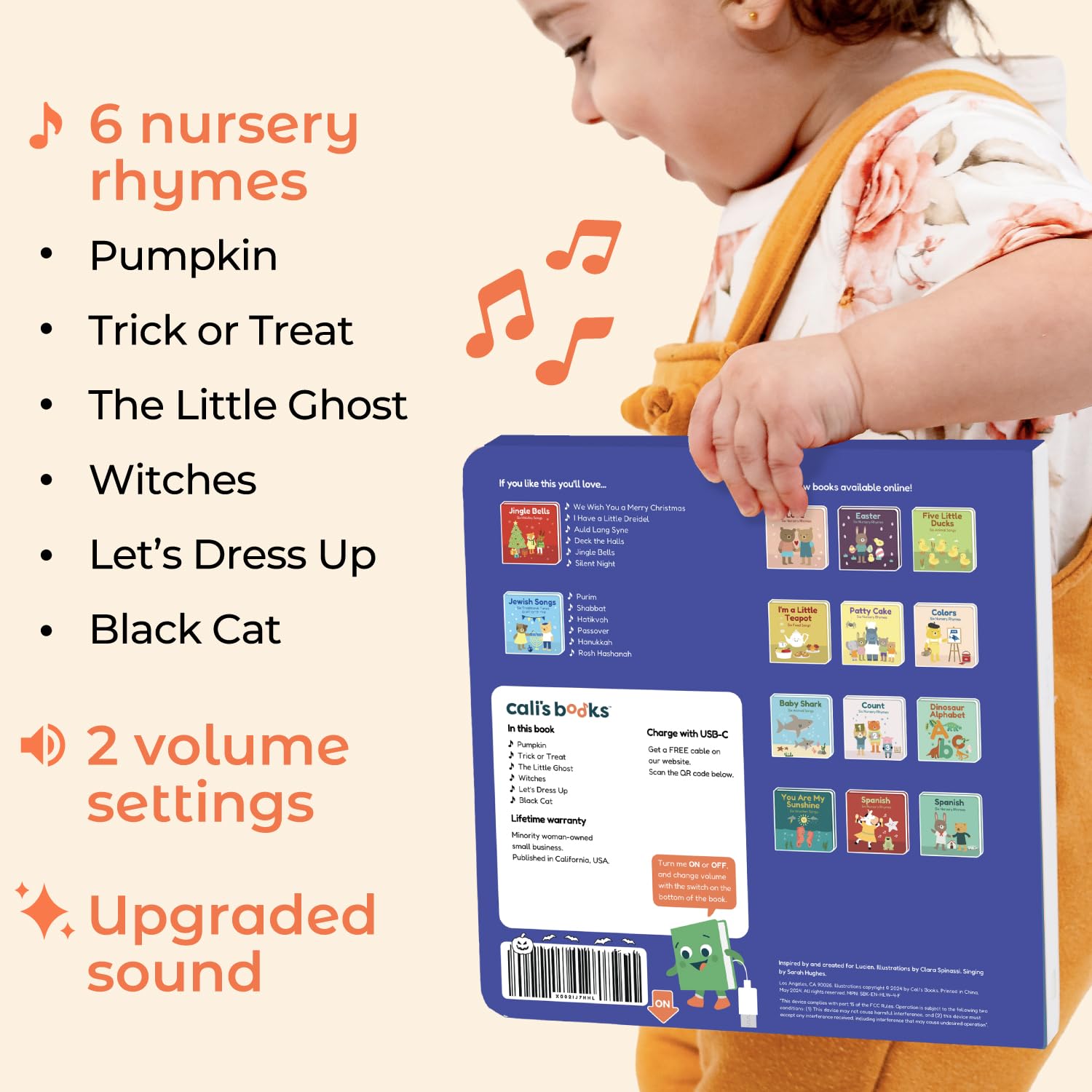 Cali's Books Halloween Books for Kids - Glow in The Dark Musical Book for Toddlers 1-3, Halloween Toys Singing Music Book, USB-C Rechargeable Baby Nursery Rhymes Learning Song Toy for 2 Year Old
