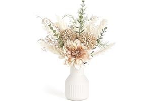 Mkono Small Artificial Flowers in Ceramic Vase 13.5" Centerpieces Coffee Table Decor, Silk Flower Arrangements for Home Decor Indoor Fake Flower Bouquet for Bathroom Dining Room Kitchen Wedding Brown