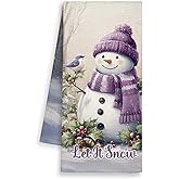 Dimurela Winter Purple Snowman Christmas Kitchen Towels, Let It Snow Hand Towels Decor for Girls Bathroom, Snowy Forest Dish Towel, Vintage Tea Bar Waffle Towel for Dorm Holiday Home 16x24in