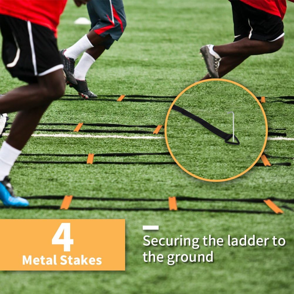YISSVIC Agility Ladder and Cones 20 Feet 12 Adjustable Rungs Fitness Speed Training Equipment, 20 Feet Speed Agility 1 Carry Bags, 10 Cones, 4 Stakes, Basketball, Soccer, Football (Orange) : Sports & Outdoors