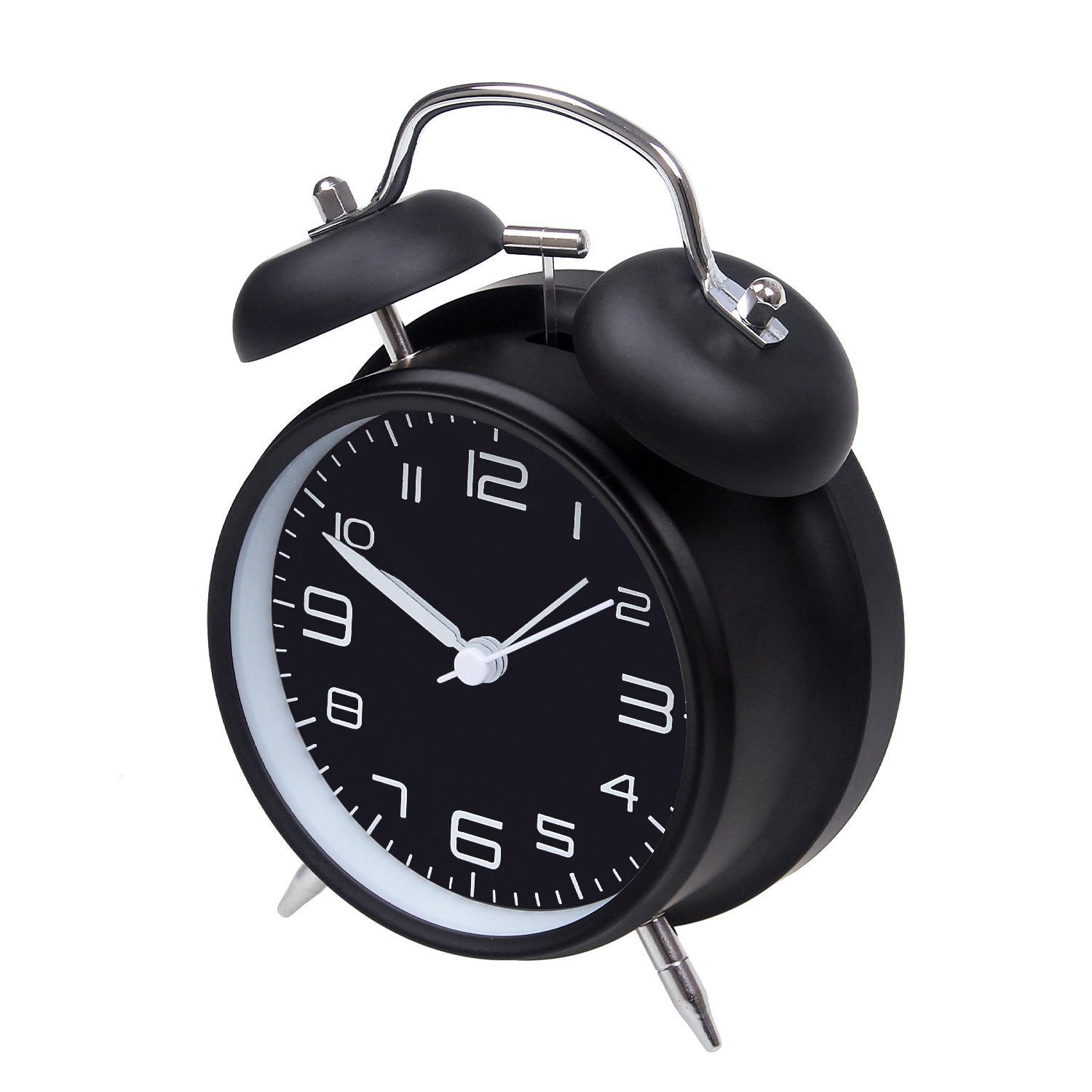 jiemei 4” Twin Bell Alarm Clock Battery Operated, Loud Mechanical Wind-Up Alarm Clock with Stereoscopic Dial, Nightlight, Non Ticking(Black)
