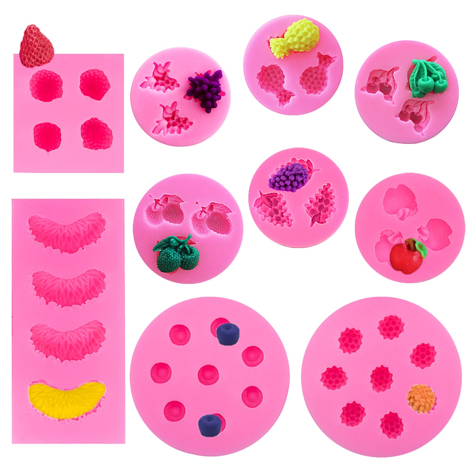 10 pcs Fruit Shaped Jelly Molds Fondant Molds, VEINARDYL 3D Mini Chocolate Mold Candy Mold Candle Mold Pineapple Strawberry Orange Blueberry for Cupcake Topper Cake Decoration Supplies