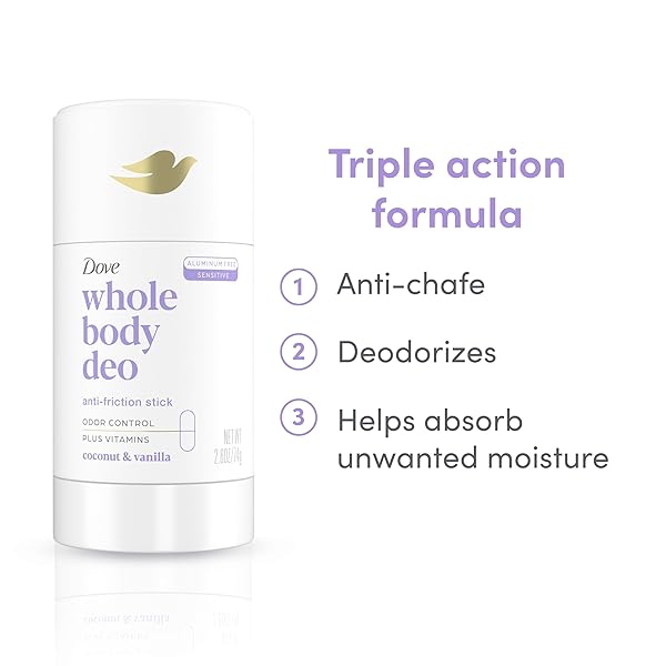 DOVE WHOLE BODY DEO ALUMINUM FREE ANTI-FRICTION DEODORANT STICK COCONUT + VANILLA FOR ALL DAY ODOR CONTROL 2.6 OZ