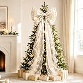 JOICEE 20 x 59 Inch Large Champagne Glitter Satin Christmas Tree Topper Bow | Giant Christmas Tree Topper Satin Bow with Long Streamers for Tree Wall Door Decorations Home Party Wedding Birthday Decor