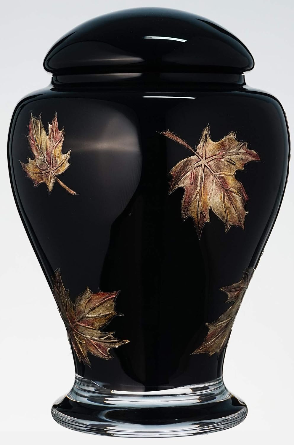 Black Memorial Urn for Human Ashes, Handmade Glass Cremation Urn, Decorated with Sandblasted Painted Metallic Brown Leaves - Image 4