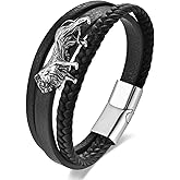 BIYONGDE Mens Black Leather Lion Bracelet, Animal Theme Braided Multi-strand Black Leather Bracelet with Stainless Steel Silver Lion Charm for Men, Classic and Timeless Style