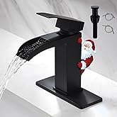 BRAVEBAR Waterfall Bathroom Faucet Black - Matte Black Single Handle Bathroom Sink Faucets 1 or 3 Holes| Solid Vanity Faucet Single Hole with 6" Deck Plate & Pop Up Drain for RV Restroom Remodel