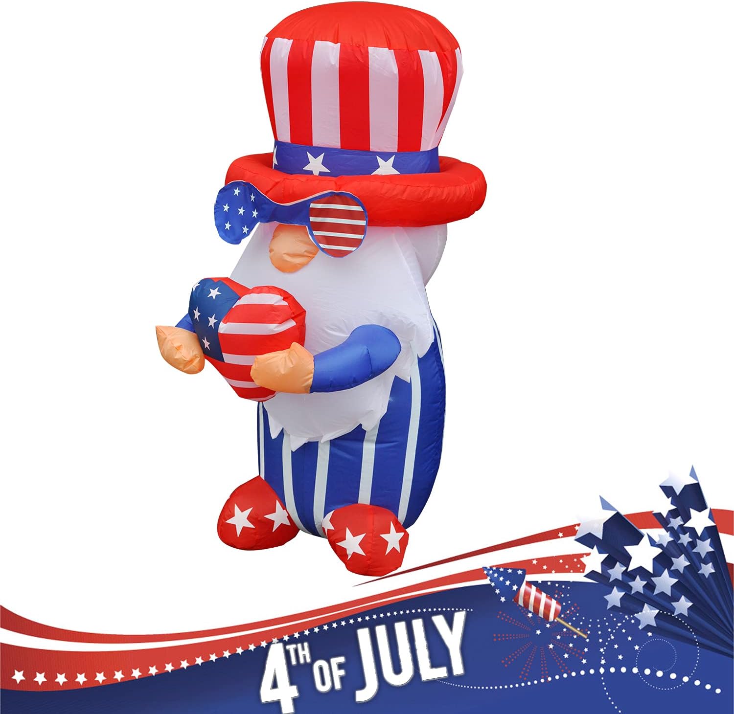 BLOWOUT FUN 4ft Inflatable 4th of July Independent Gnome Holding America Heart LED Decoration Blow Up Lighted Decor Indoor Outdoor Holiday Art Decor Decorations: Garden & Outdoor
