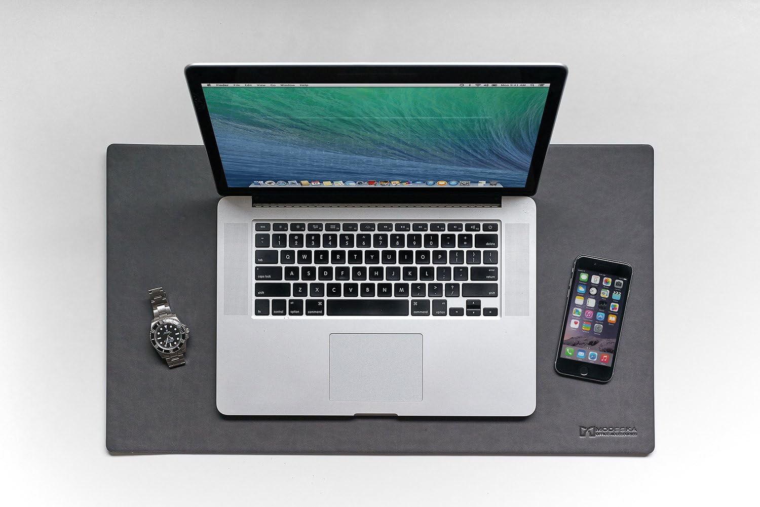 Modeska 24" x 14" Leather Desk Pad - SKIDSTOP Ultra Smooth Executive Blotter and Protective Mat Large Mouse Pad for Remote Work, Home Studio or Corporate Office Space – Gray