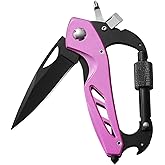 Pink Multitool Carabiner Knife for Women Men,Survival Gear for Camping Hiking，EDC Carabiners, 6-in-1 Multi Tools with Window 