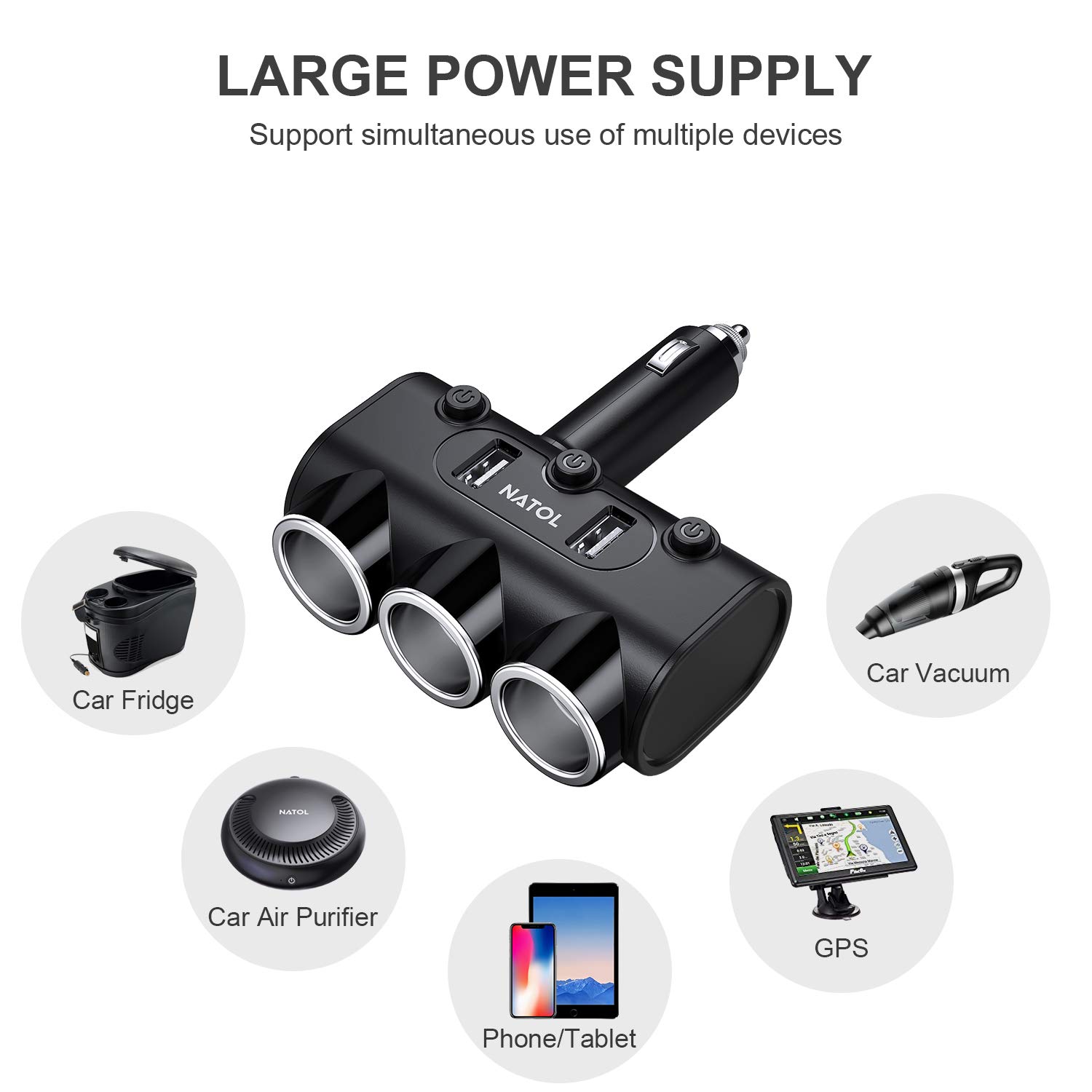 NATOL Cigarette Lighter Adapter, 12V/24V 3-Socket Car Charger Cigarette Lighter Splitter with 2 Smart USB Ports for iPhone, iPad, Samsung, GPS, Dashcam