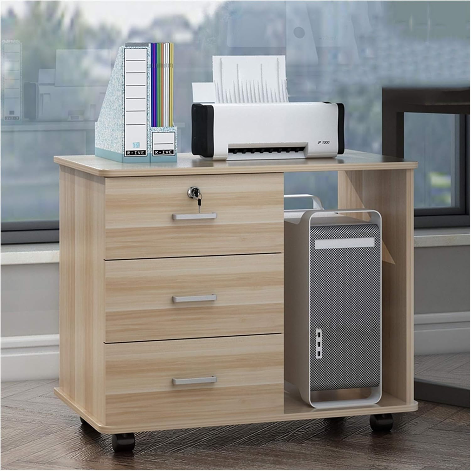 Wooden Printer Storage Rack Mobile Desktop CPU Case Floor Stand with