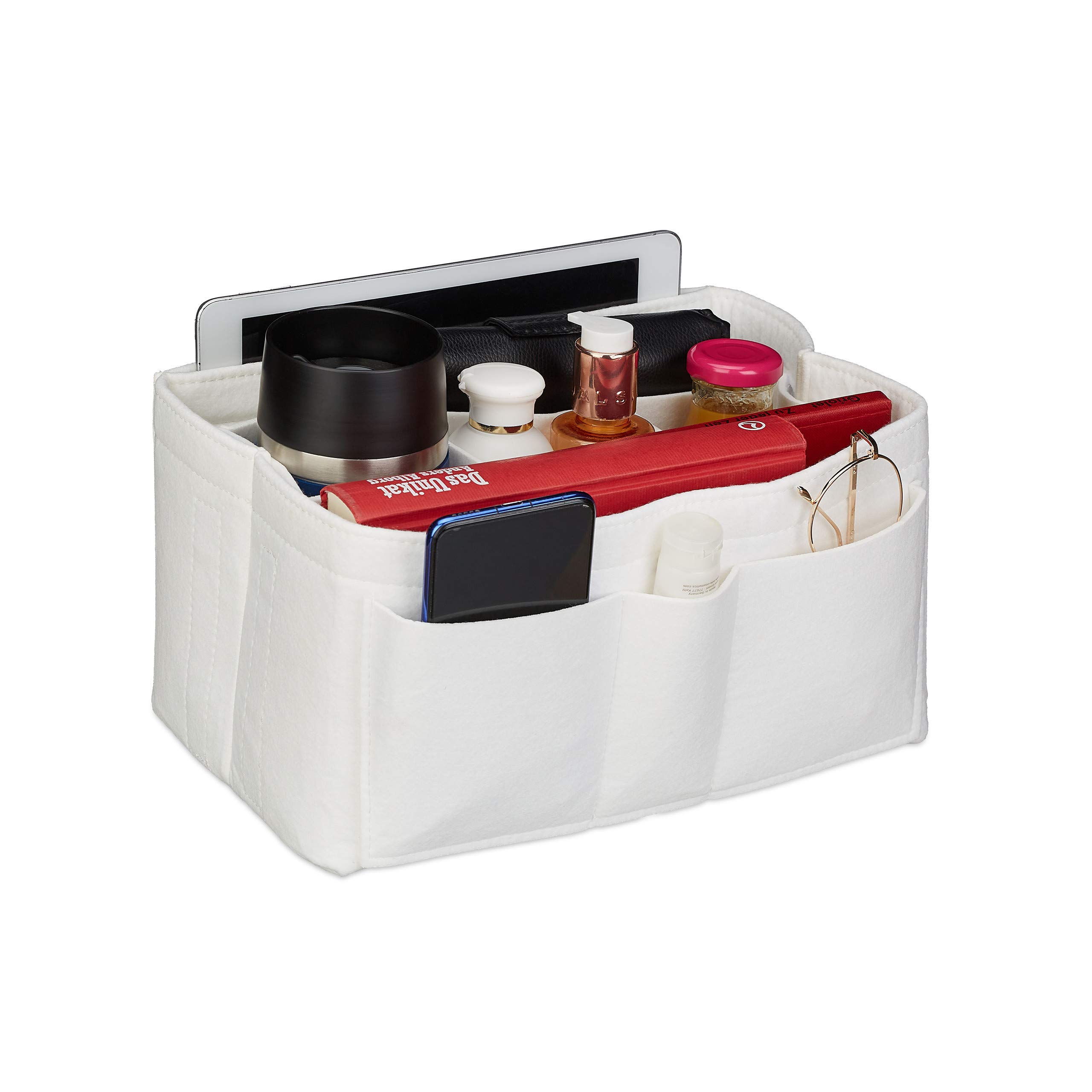 Relaxdays Bag Organiser, Felt, Many Compartments, Handbag Organiser, Storage Bag, Portable, Removable, Size S, White