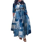 Xuideoy Casual Plus Size Maxi Dress for Women African Print 3/4 Sleeve Flowy Ruffle Long Dress with Belt 2025 Fashion