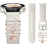 DaQin Flower Engraved Band Compatible with Samsung Galaxy Watch 7 Band/FE 6 5 4 40mm 44mm,Galaxy Active 2, 20mm Watch Band Soft Silicone Replacement Strap with Decorative Charms Accessories Women