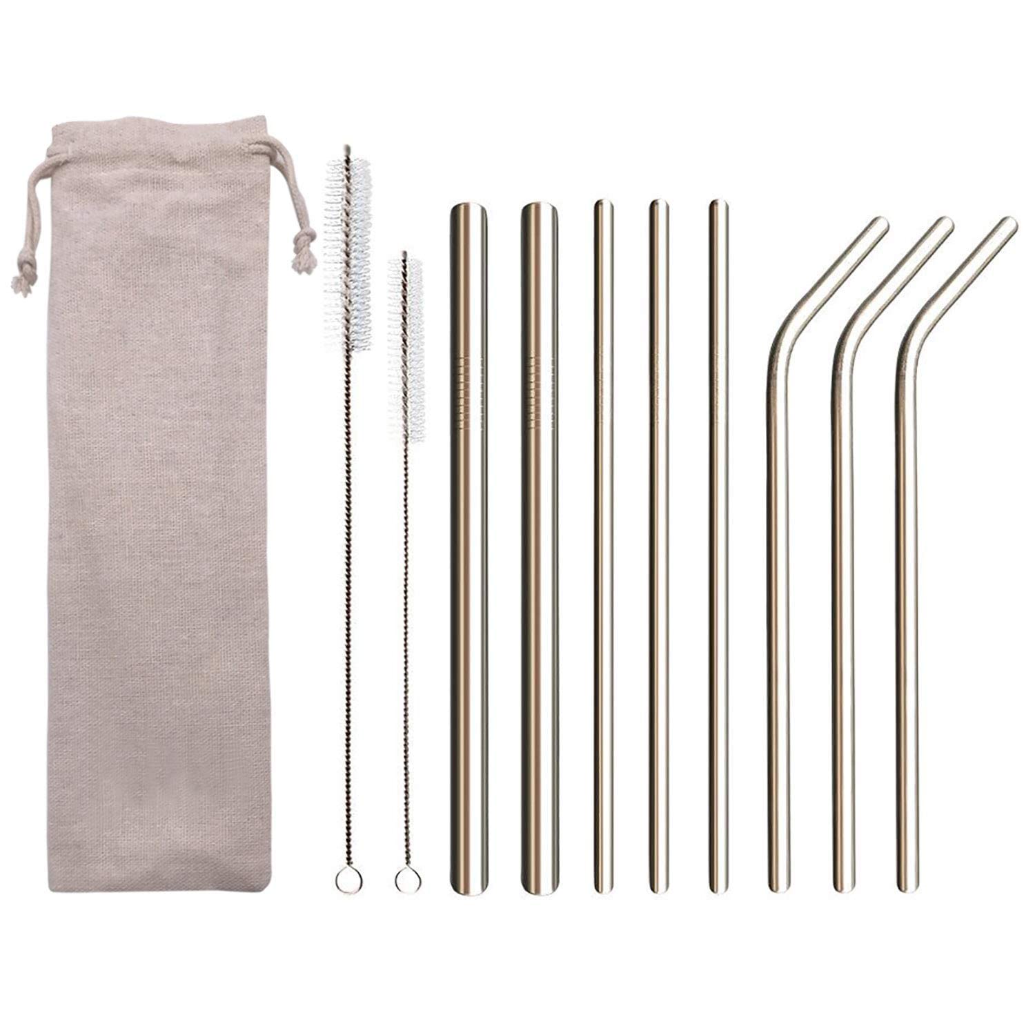 Metal Straws Stainless Steel Straws Reusable Drinking Straws Food-Grade Portable Straw Set with Bag & Cleaning Brush(3 Straight/ 3 Bent/2 Larger Straight Straws/2 Brushes)