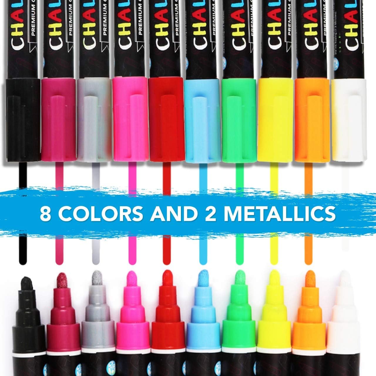 CHALKLAND Set of 10 Vibrant + Metallic Blackboard Markers - Liquid Chalk Markers for Chalkboard Signs - Non-Toxic Easy to Clean Chalkboard Pens - Car Window Markers - Chalk Marker - Chalk Pen : Office Products