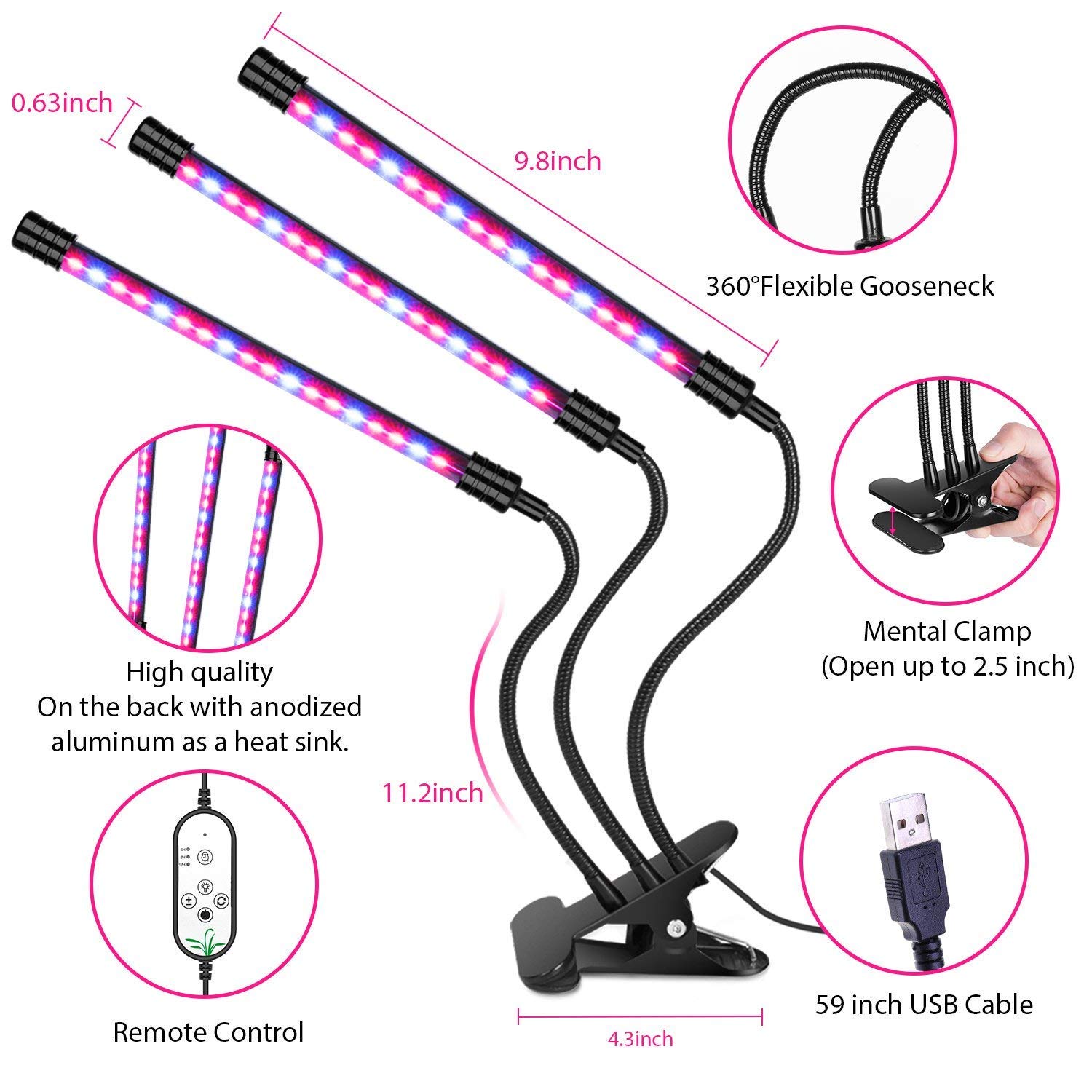 Plant Grow Light for Indoor Plants, Auto ON/Off Every Day, 27W 54 LED 5 Dimmable Levels Grow Lamp with Red, Blue Spectrum, 4/8/12H Memory Timing for Hydroponics Greenhouse (27W Triple Heads)
