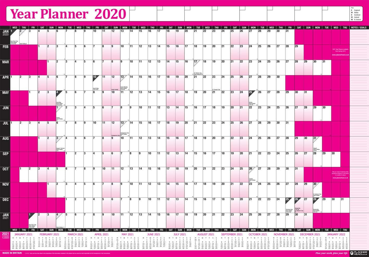 2020 Laminated Wall Planner Calendar (49cm x 70 cm) with Dry Wipe Marker Pen & 400 Stickers Plus 2021 Foot Note Dates (Pink)