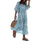 miduo Womens Loose Fit Casual Summer V Neck Half Sleeve Bohemian Geometric Pattern Maxi Long Dresses