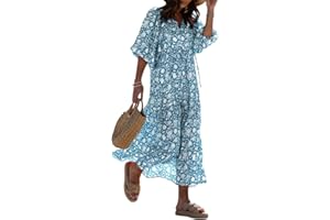 miduo Womens Loose Fit Casual Summer V Neck Half Sleeve Bohemian Geometric Pattern Maxi Long Dresses