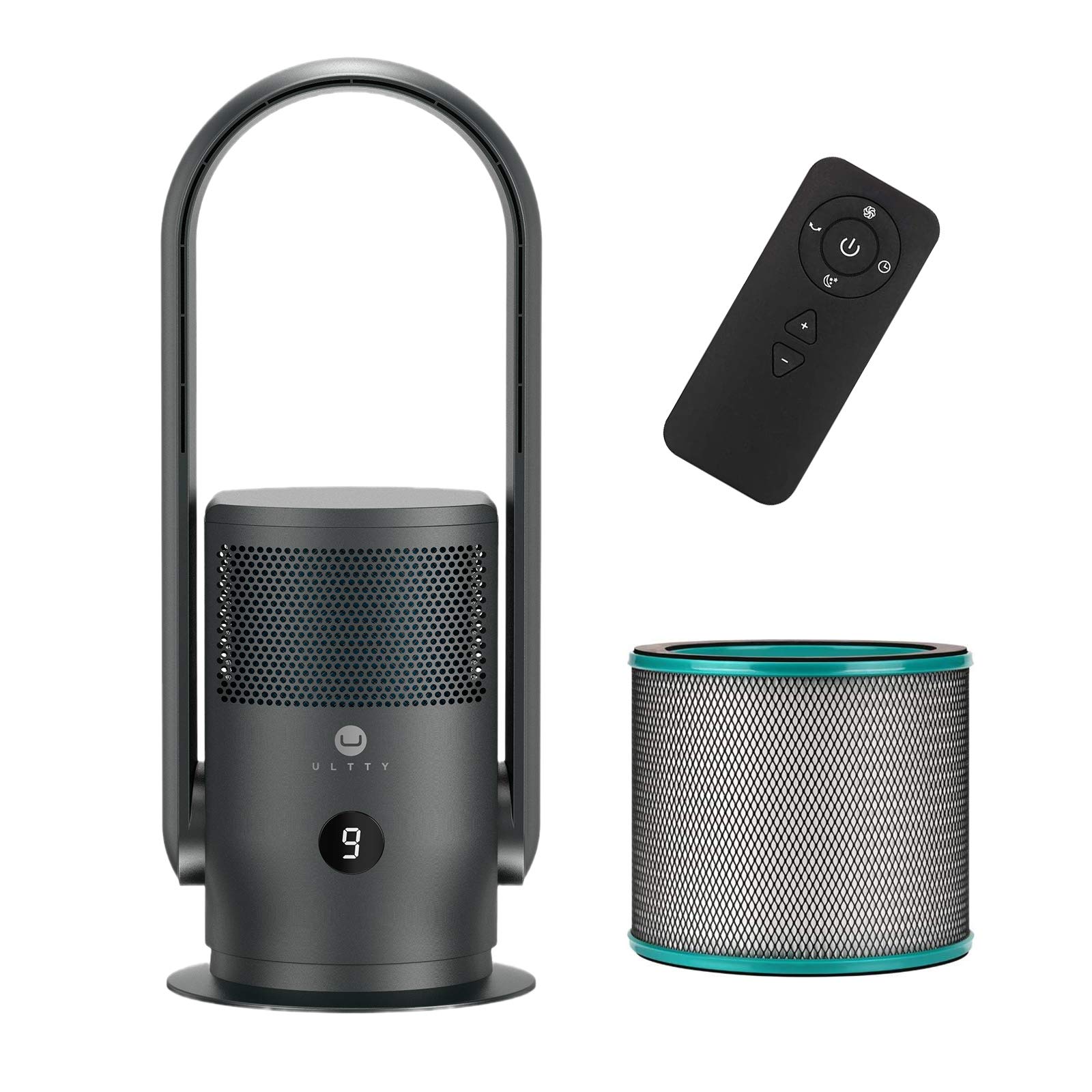 ULTTY Bladeless Tower Fan and Air Purifier in one, True HEPA Filter 99.97% Smoke Dust Pollen Dander, Oscillating Tower Fan with Remote Control R21, Black