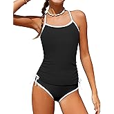 HOTOME Girls Swimsuit Two Piece Cross-Back Straps Girls Tankini Contrast Trim Drawstring Girl Bathing Suit for Teens 9-16Y