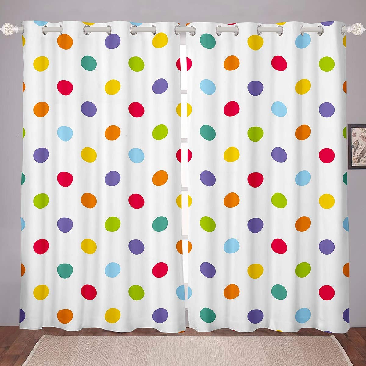 Polka Dots Window Curtain Panels Colorful Circles Blackout Drapes For Kids Adults Women Rainbow Window Drapes Multicolor Dots Curtains Bedroom Decor Grommet Top W46*L54