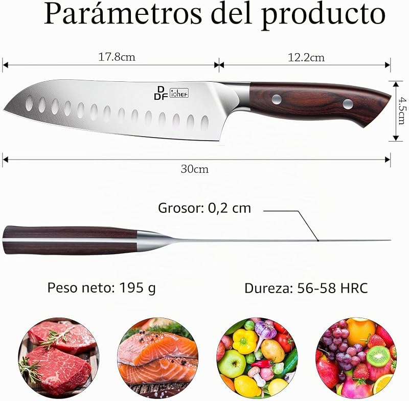 Faca Santoku, faca de cozinha profissional de 18 cm, faca de chef afiada em aço inoxidável com cabo ergonómico para casa e restaurante — foto 4 de 7