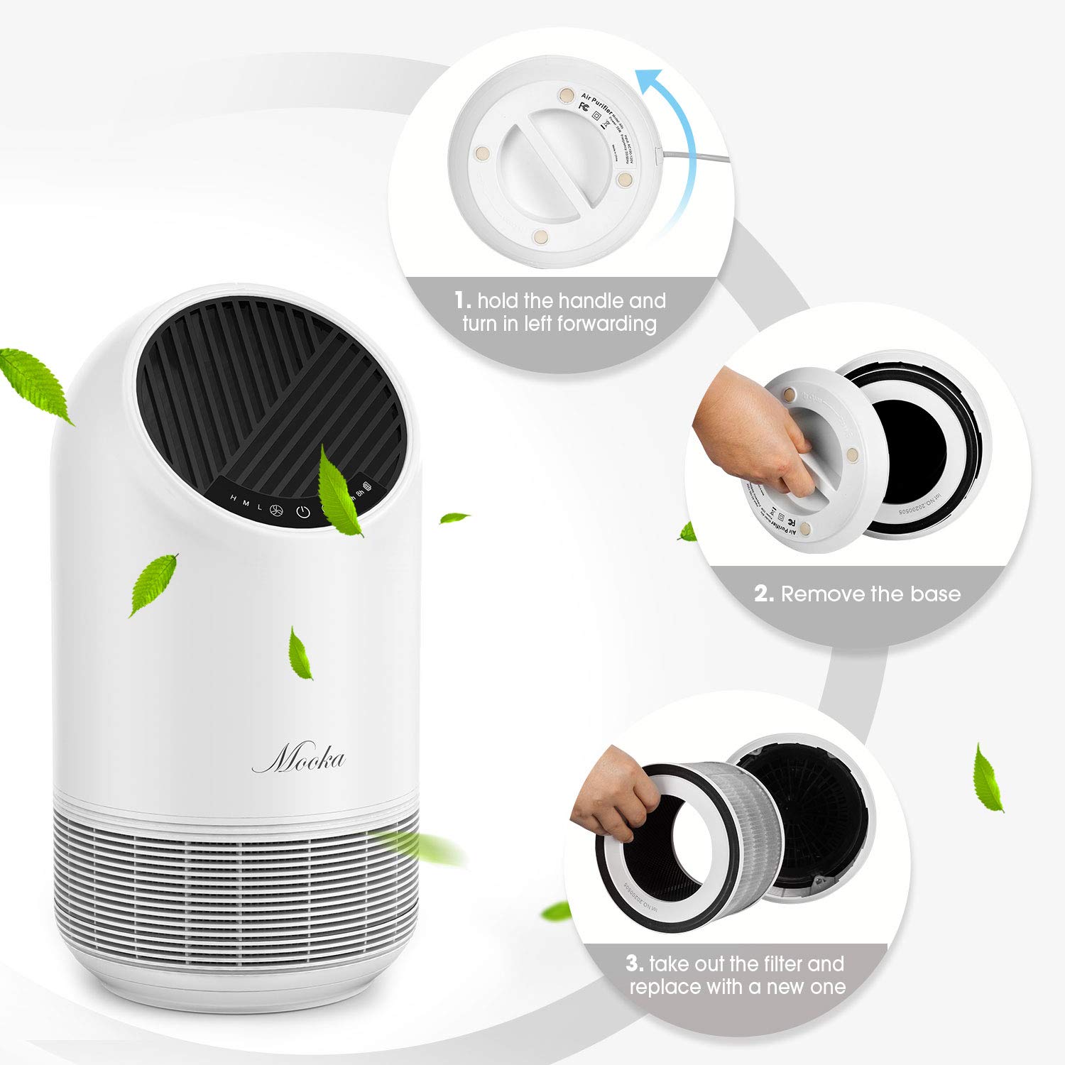 MOOKA Air Purifiers for Home Large Room 1095ft², H13 HEPA Filter Air Cleaner with USB Cable for Pets Smokers Remove Pollen Dust Smoke Dander for Bedroom Office Living Room, Night Light, M02