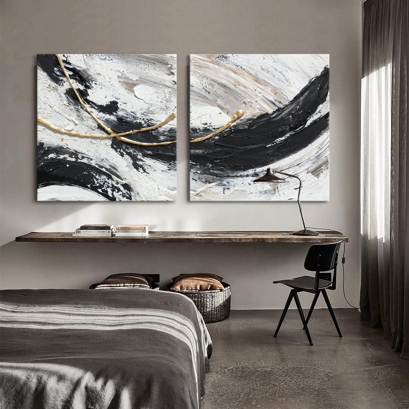 Paintings - MOUODEWO 100% Hand Painted Black And White Abstract Wall Art, Canvas Wall Bedroom Mural, Two Piece Living Room Wall Art, Bedroom/Kitchen/Living Room Wall Hanging Modern Art