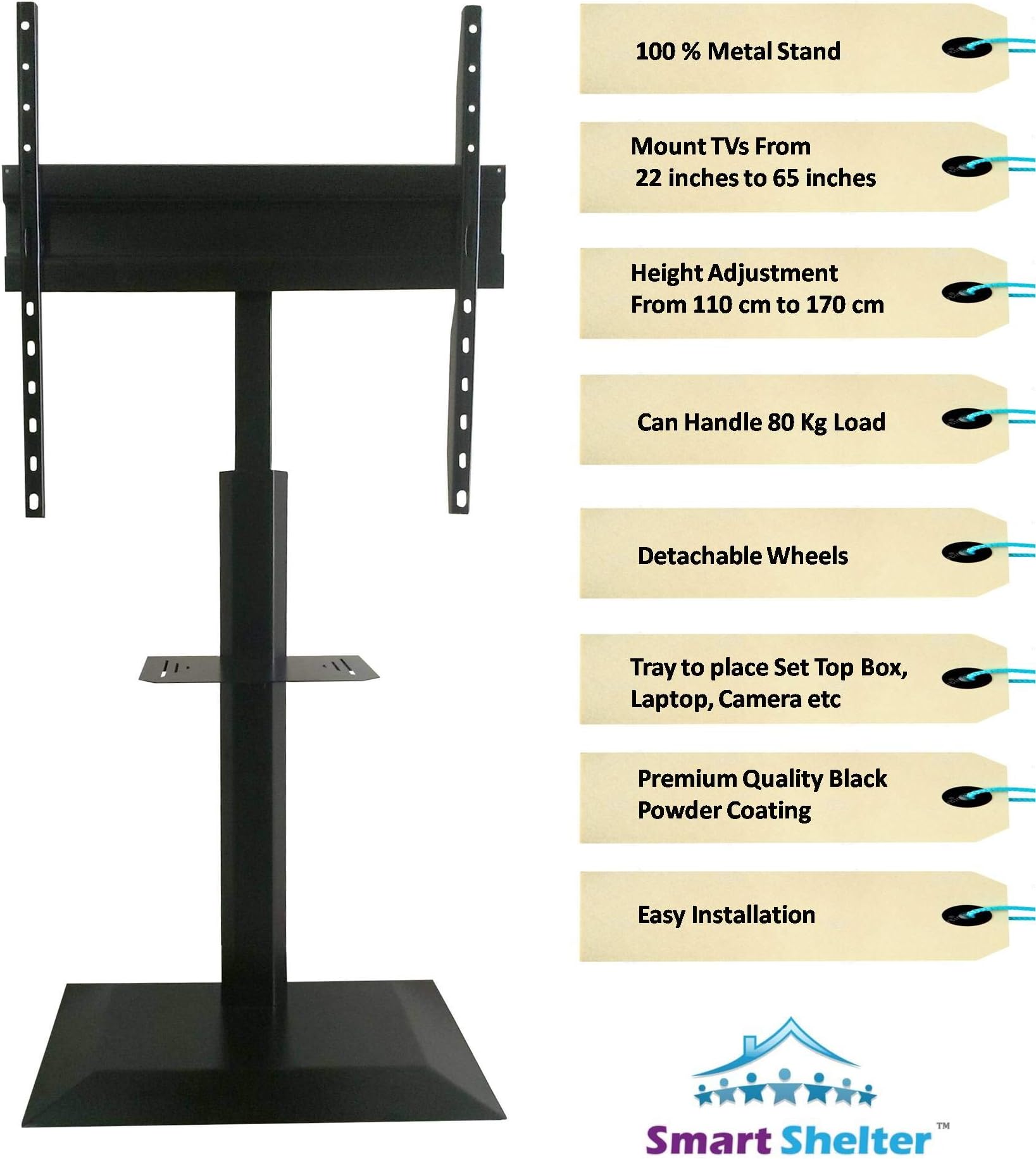 Smart Shelter Universal Foldable Height Adjustable Pedestal Mobile TV Display Trolley/Stand/Mount with Wheels, TV Cart for 22" to 65"/Capacity Upto 80Kgs | 100% Made of Metal