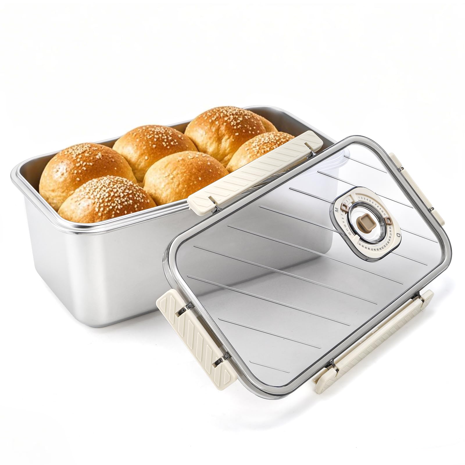 Photo 1 of ZEAYEA Bread Box for Kitchen Counter, Time Recording Bread Storage Container with Airtight Lid, Large Capacity Stainless Steel Fresh Keeping Box for Bagel Loaf Snack, Vegetable Fruit Fridge Organizer