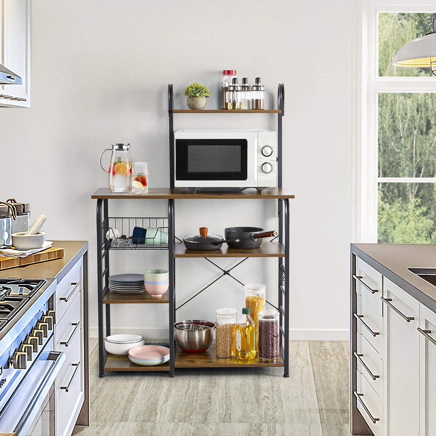 Yaheetech 35.5 inch Industrial Kitchen Baker's Rack, 4-Tier Microwave Oven Stand Workstation Organizer Shelf with Metal Frame, Utility Storage Shelf for Spices with 10 S-Hooks: Kitchen & Dining