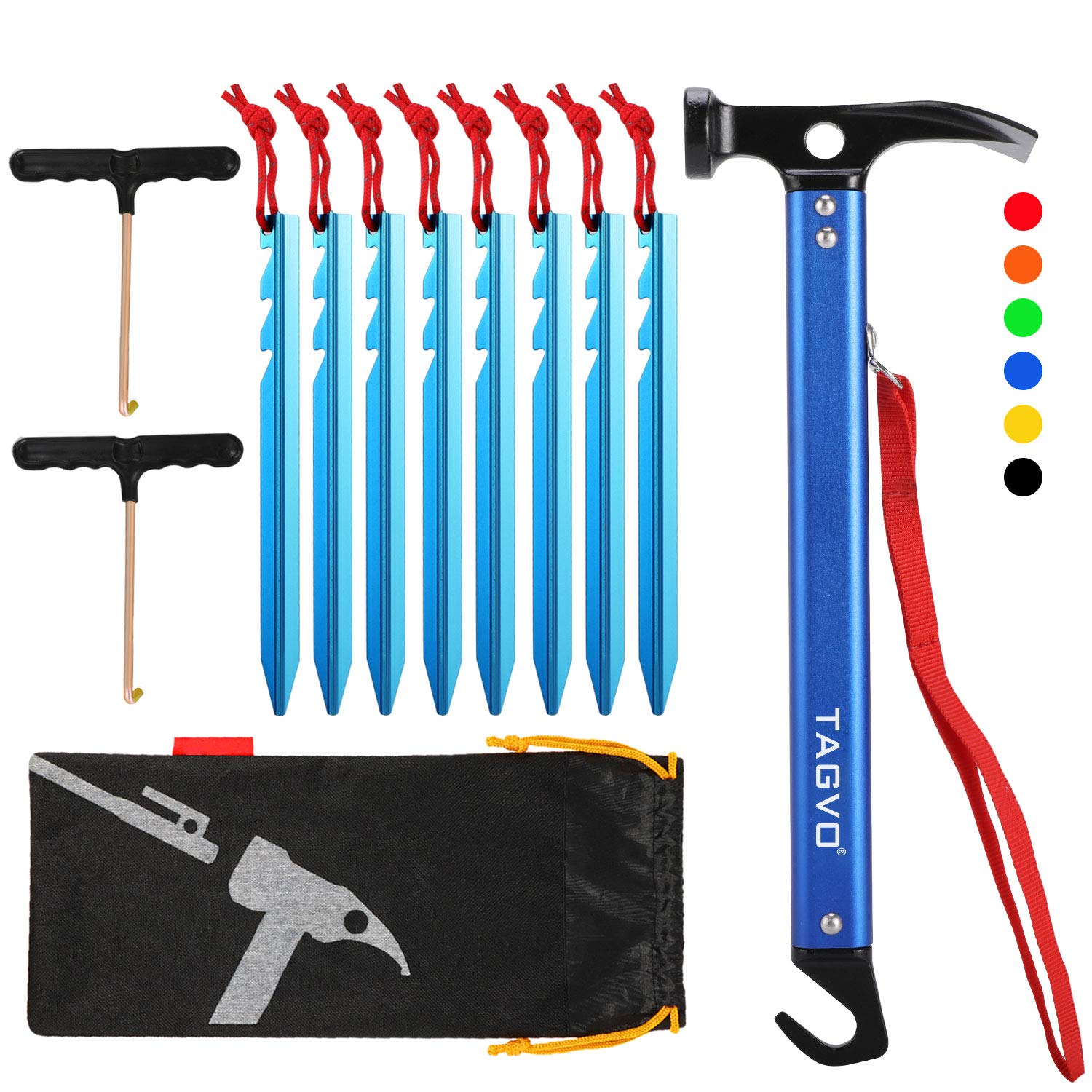 TAGVO Camping Hammer with 8 PCS Aluminum Alloy Tent Pegs and 2 PCS Multifuctional Tent Stakes Puller Set with Storage Bag, Multifunction Aluminum Tent hammer Camping Mallet Portable for Camping