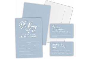 CUDWID Oh Boy! Baby Shower Invitation Kit, Included Invites With Envelopes, Diaper Raffle Tickets(25 Pcs Each), Book Request Cards For Baby Announcement, Gender Reveal Party Favor And Supplies-A04