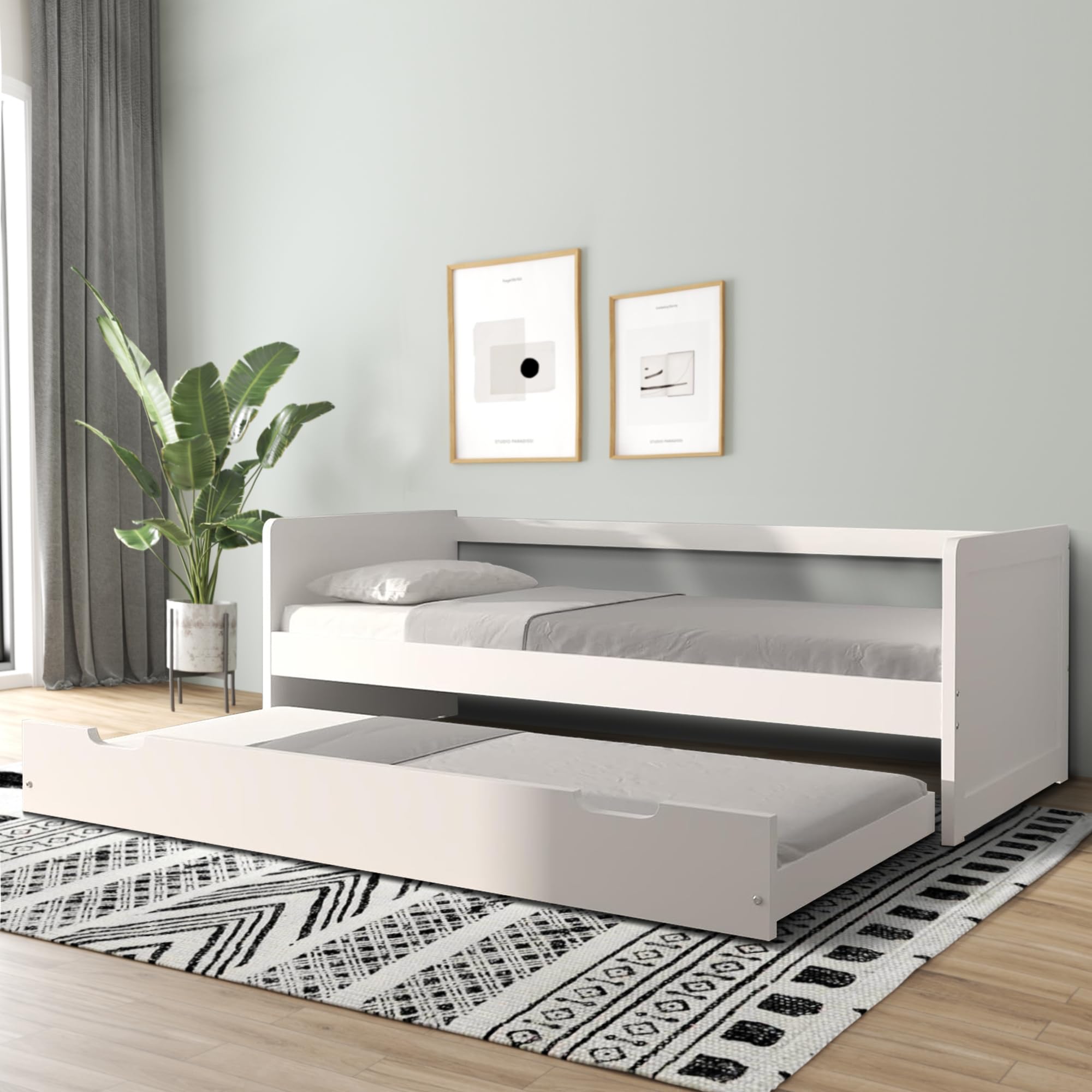 Photo 1 of *SINGLE/1* Daybed with Trundle, Modern Wood Daybed with Armrest, Wood Daybed Frame for Boy, Girl, No Box Spring Needed, White