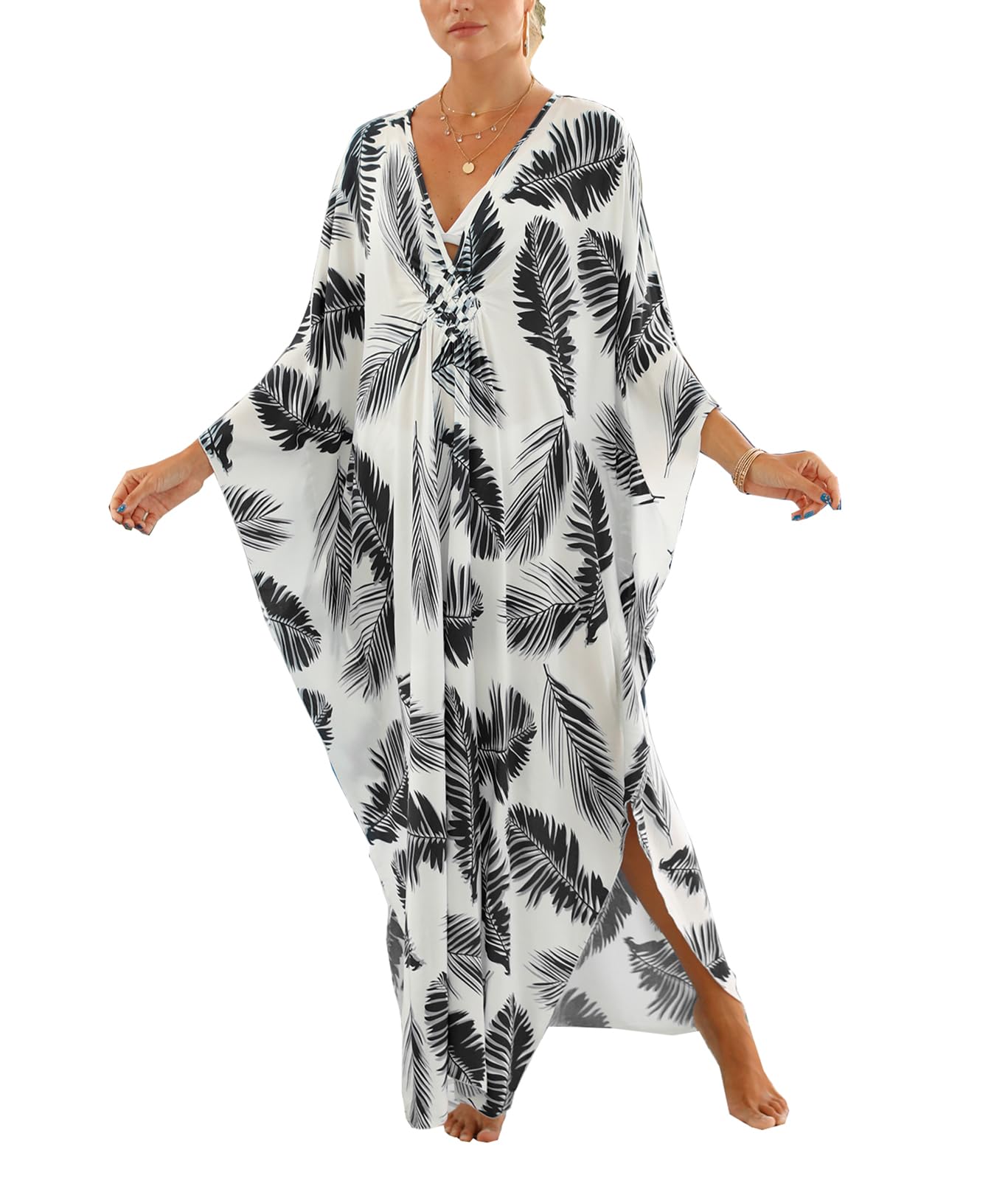 Christmas Wear Leaf Pattern Polyester Caftan For Plus Size Women