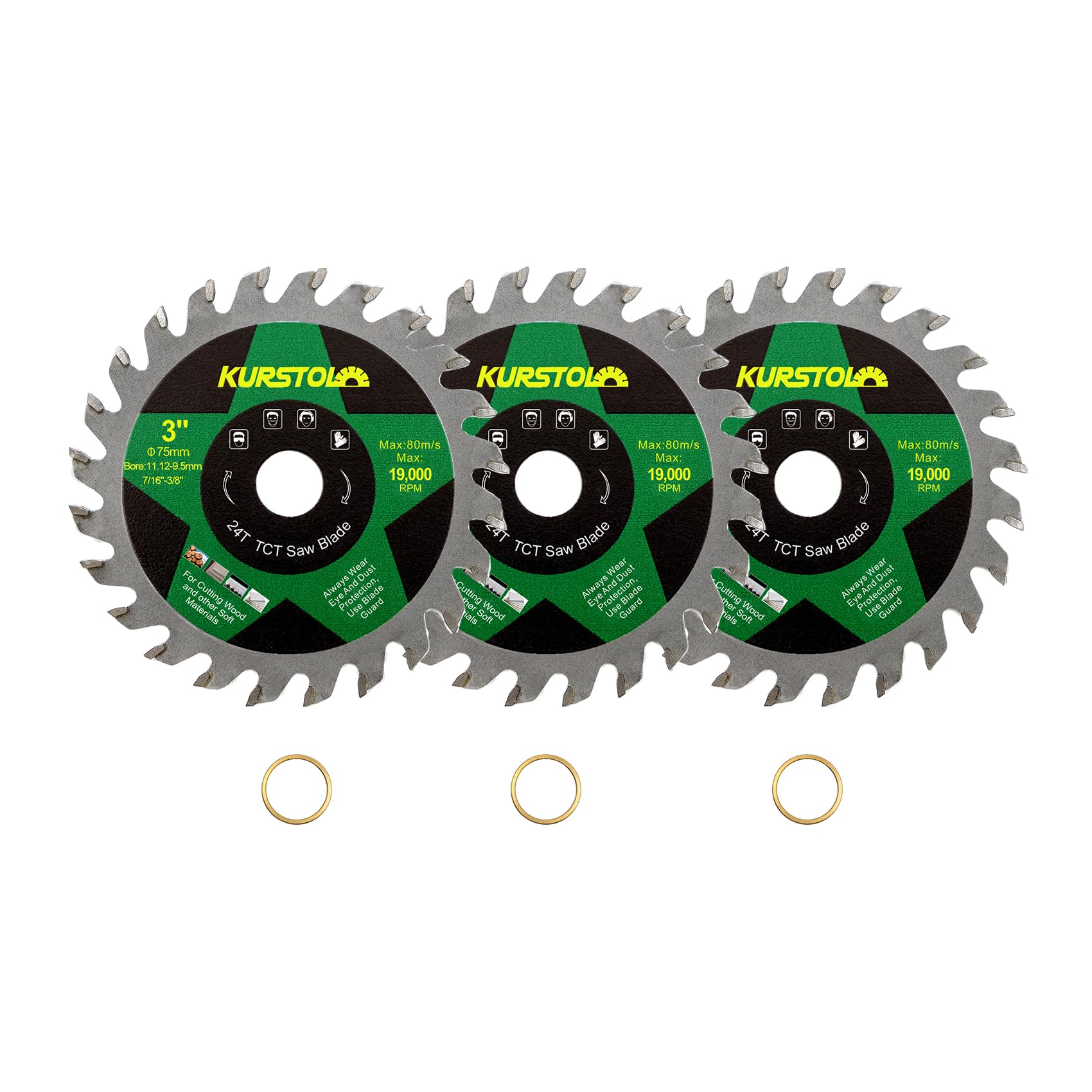 KURSTOL TCT Circular Cutting Blade - 3"(75mm) x 3pcs, 24T, Wood & Plastic, Arbor 7/16"(11.12mm), Washer 3/8"(9.5mm) — image 1