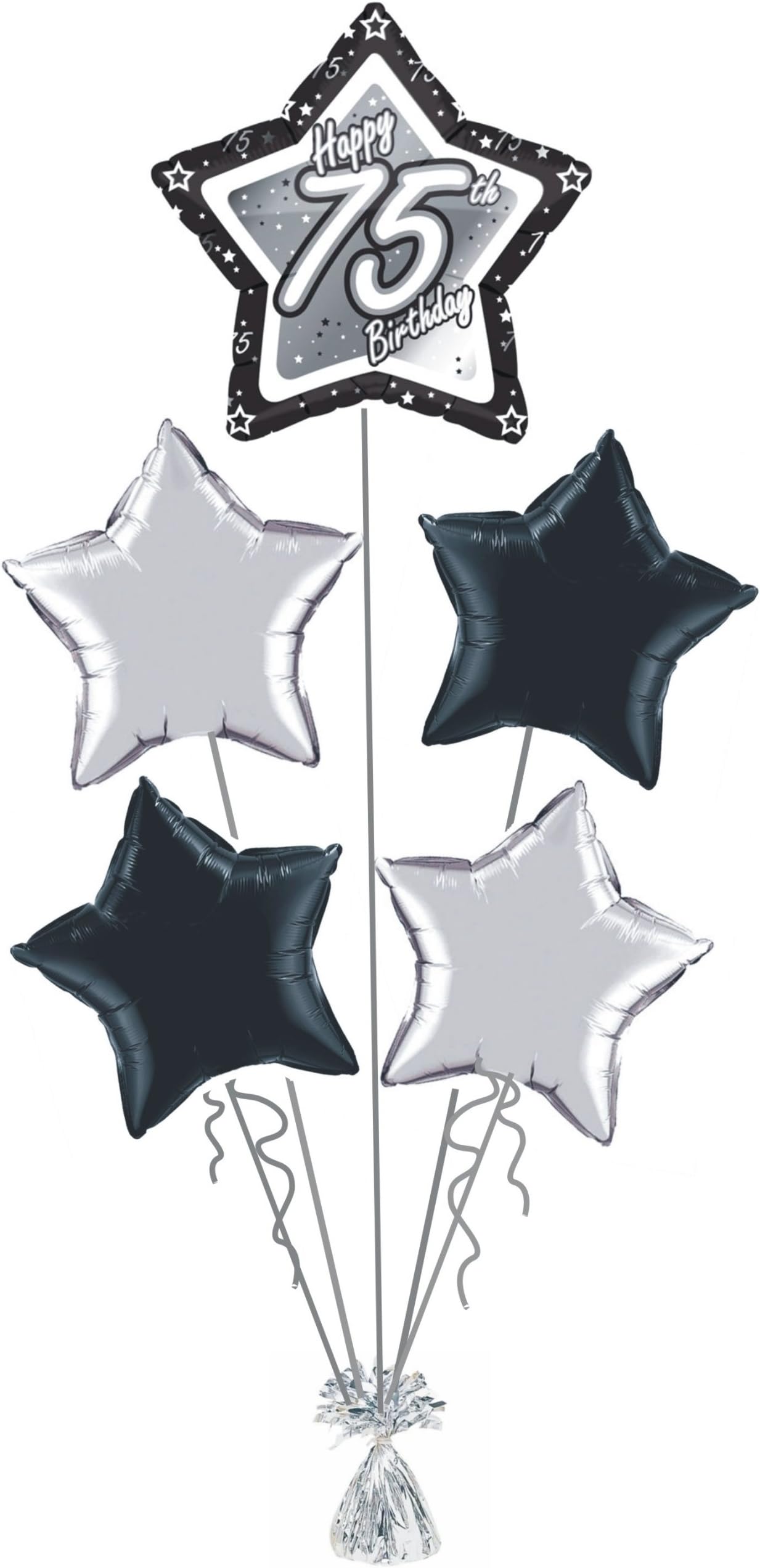 75th BIRTHDAY BLACK & SILVER STAR DESIGN FOIL HELIUM BALLOON DISPLAY