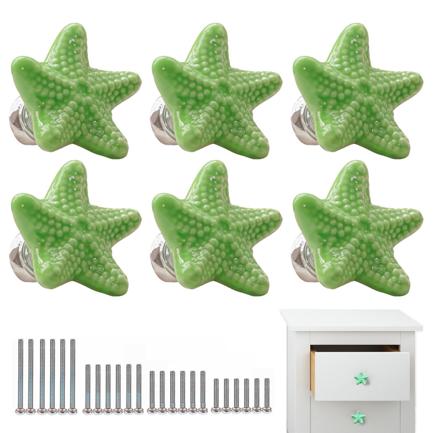 6 PCS Drawer Handles with 4 Sizes Screws, Coastal Ceramic Kitchen Handles, Starfish Drawer Knobs, Cupboard Door Handle for Dresser Bathroom and Kitchen, Beach Ocean Theme Cabinet Knobs, Green โ image 1