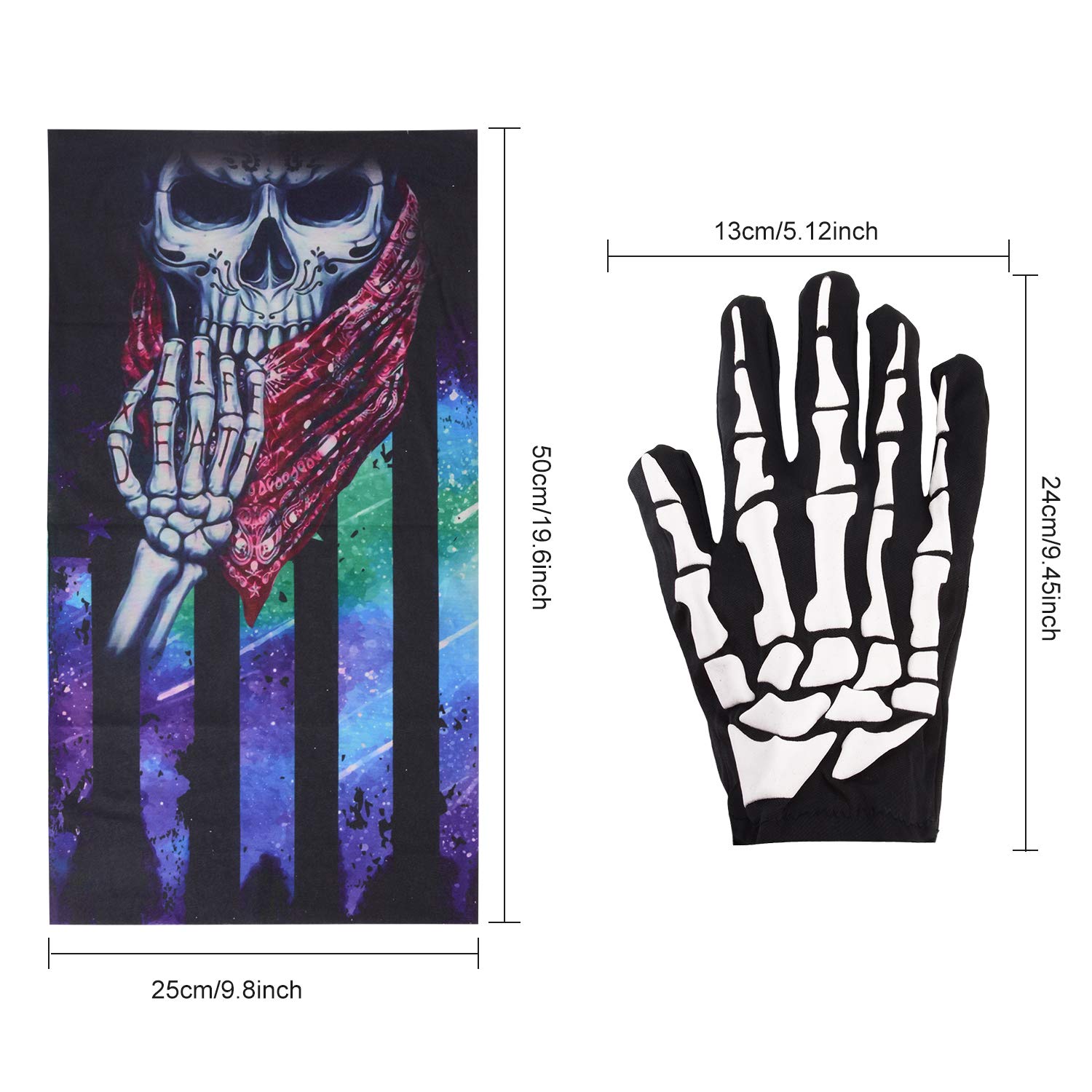ZOYLINK 2 Pares de Guantes de Halloween Scary Skeleton Novelty Gloves con 2 mascarillas de Ciclismo