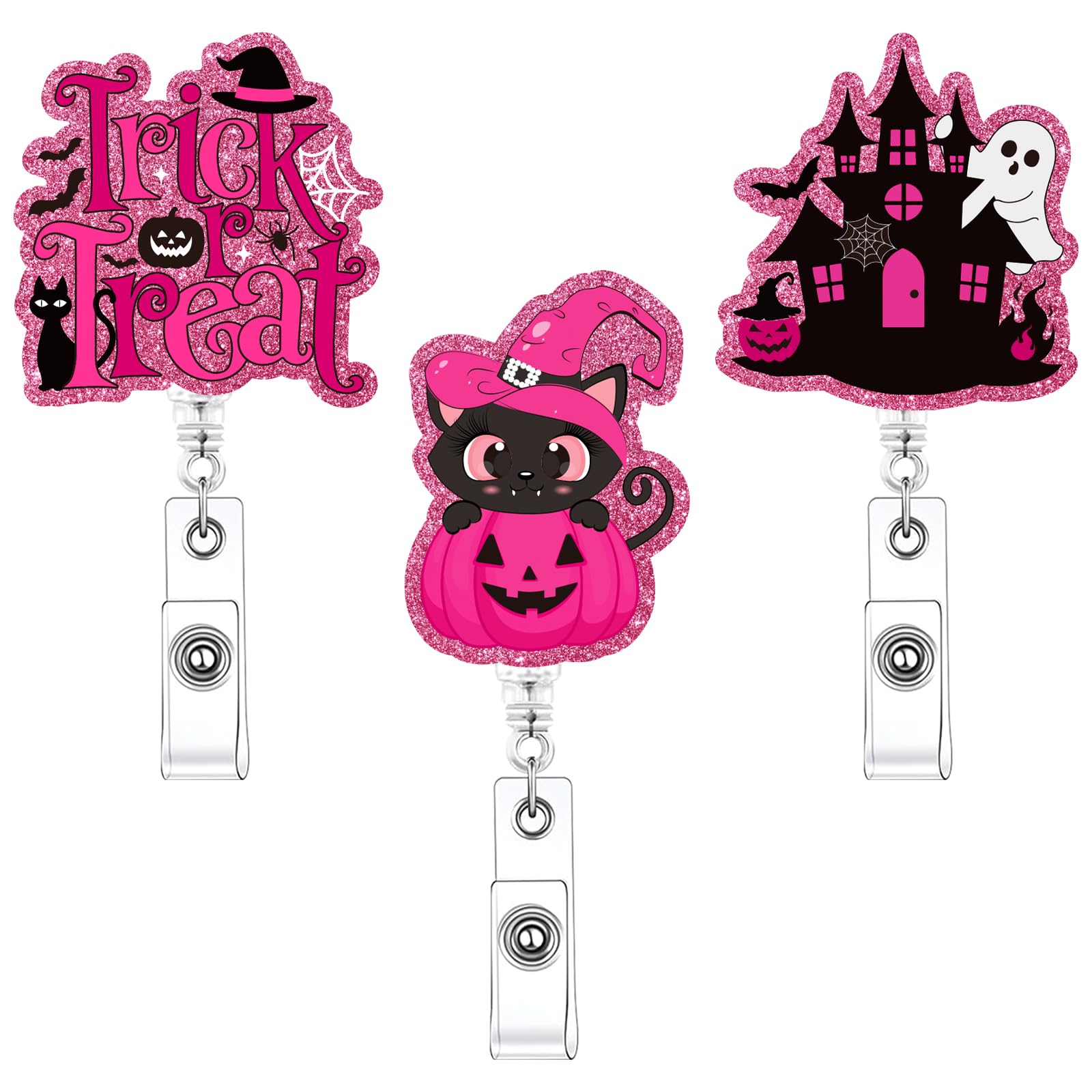 Photo 1 of 3 Pcs Halloween Badge Reels,Nurse Badge Reel Retractable,Cute Funny Pumpkin Haunted House Holiday Badge Reels,Glitter Pink Trick or Treat ID Badge Holder with Alligator Clip for Nurse Doctor Teacher