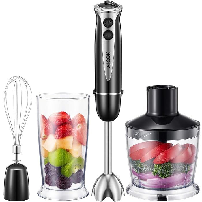 Aicok Immersion Blender, 4 in 1 Hand Blender with 600ml Beaker, Chopper, Egg Whisk, 10 Speeds(5x2) Multifunctional Blender for Smoothies, Soups, Stainless Steel Shaft and Blades, BPA Free