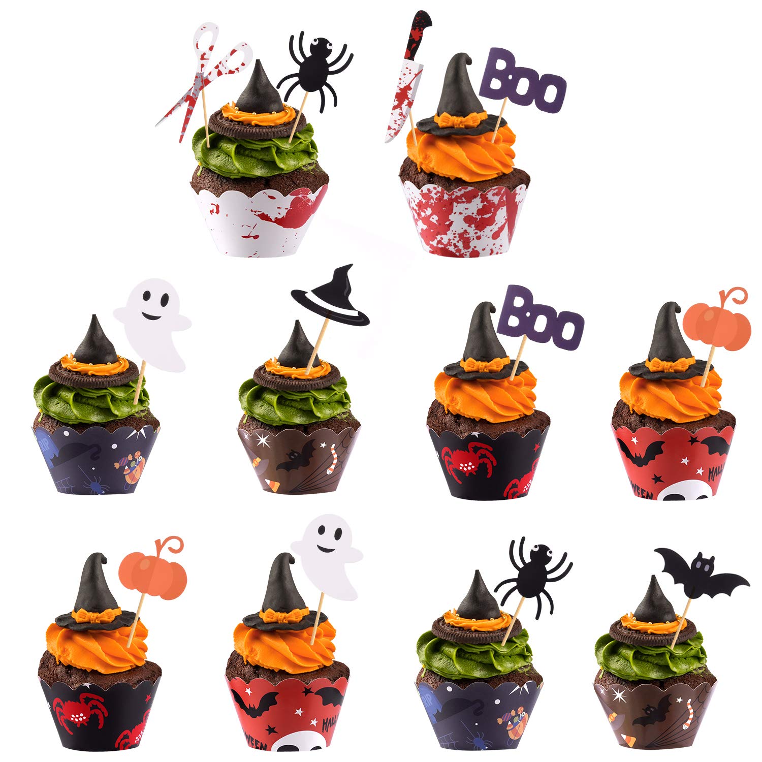TUPARKA 54 Pcs Halloween Cupcake Toppers Wrappers Halloween Spider Pumpkin Ghost Hand Cake Decorations Supplies