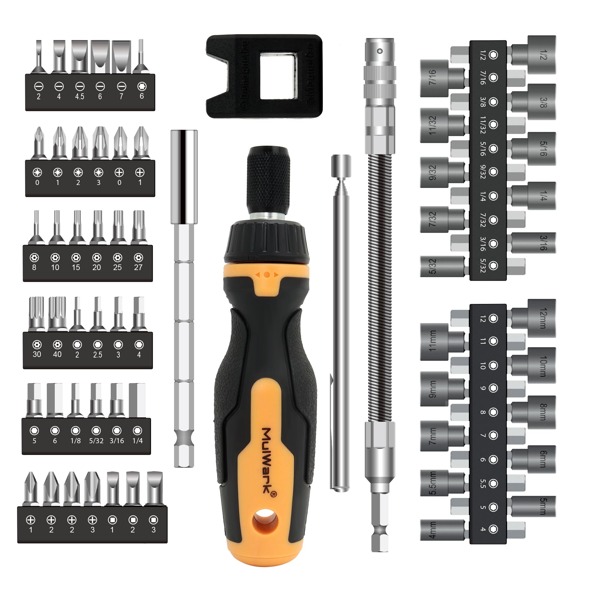 MULWARK 63PC Magnetic Ratcheting Screwdriver Bit Set – Multibit Screw Driver with Screwdriver Bits Slotted, Torx, Hex, Pozi, Philips, Square; Nut Driver Set for SAE and Metric