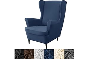HFCNMY Wingback Chair Covers, 2 Piece Stretch Velvet Wingback Chair Slipcover-Thick Wing Back Chair Covers with Arms-Wing Chair Slipcover-Wing Back Chair Slipcovers with Elastic Bottom Blue